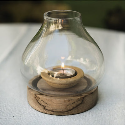 Detail of Small Glass Tea Light Holder Lantern on Mango Wood Base