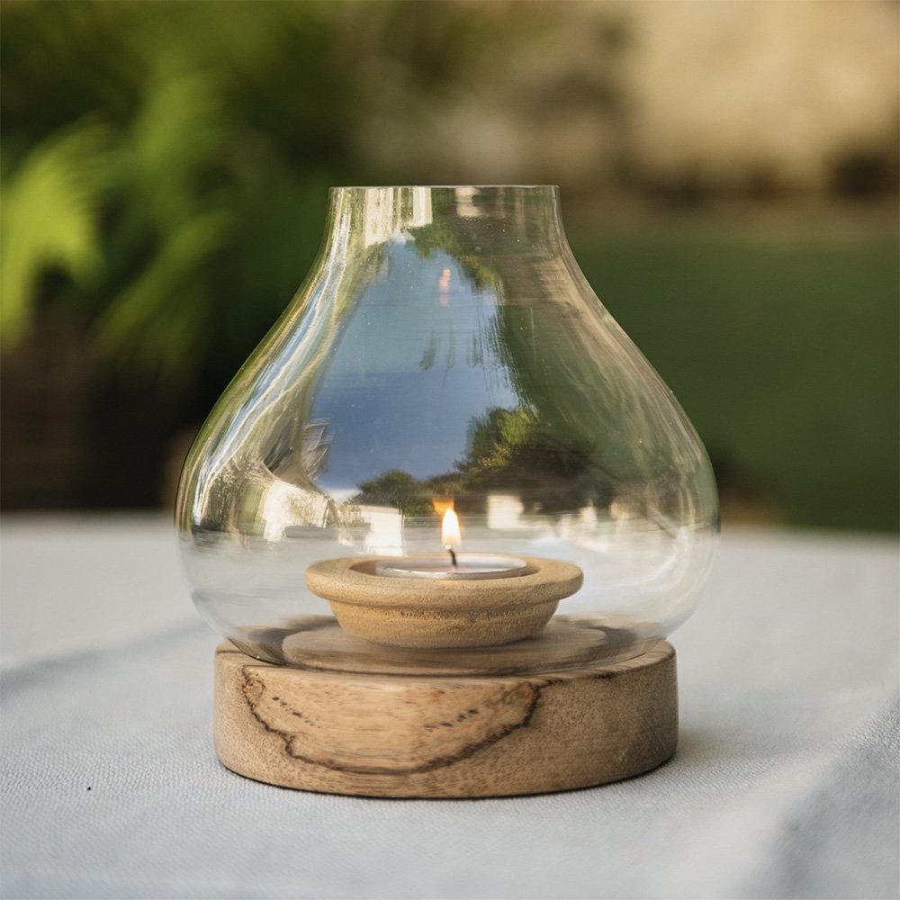 Small Glass Tea Light Holder Lantern on Mango Wood Base