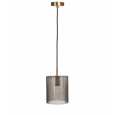 Full view of pendant light with brass ceiling rose, and fittings, black cord and smoke grey ridged glass shade