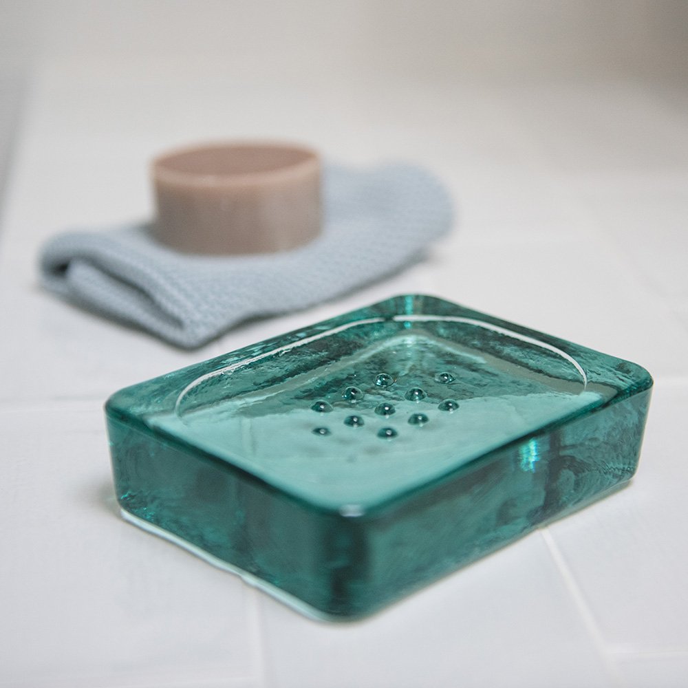 Green recycled glass soap dish with raised bumps to avoid soap slipping away