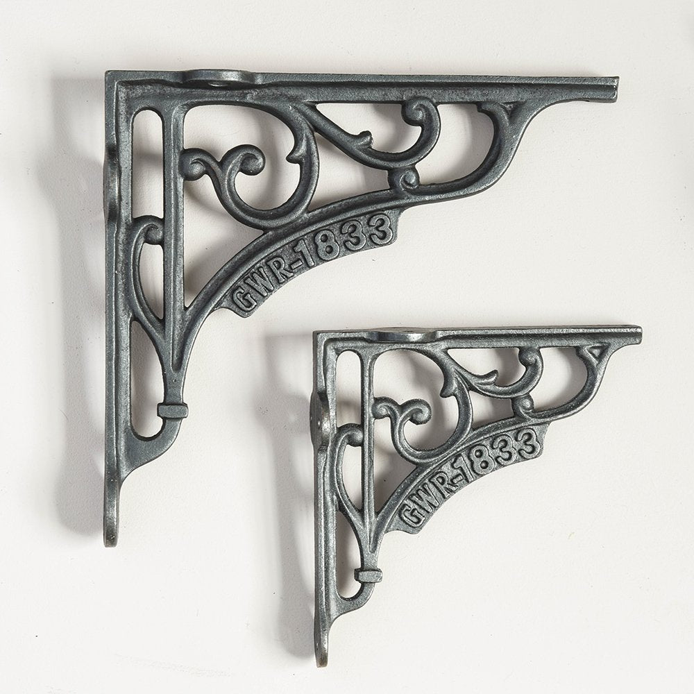Large and Small Ornate Cast Iron Shelf Brackets with 'GWR-1833' (Great Western Railway) Text