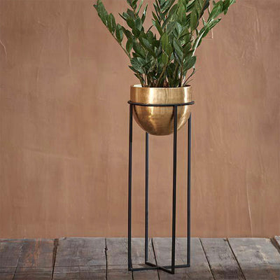 Hammered Antique Brass Planter with Black Iron Stand