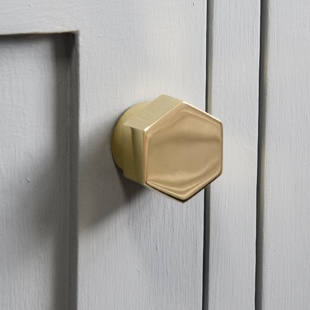 Closer view of solid polished brass Hex Cabinet Knob.