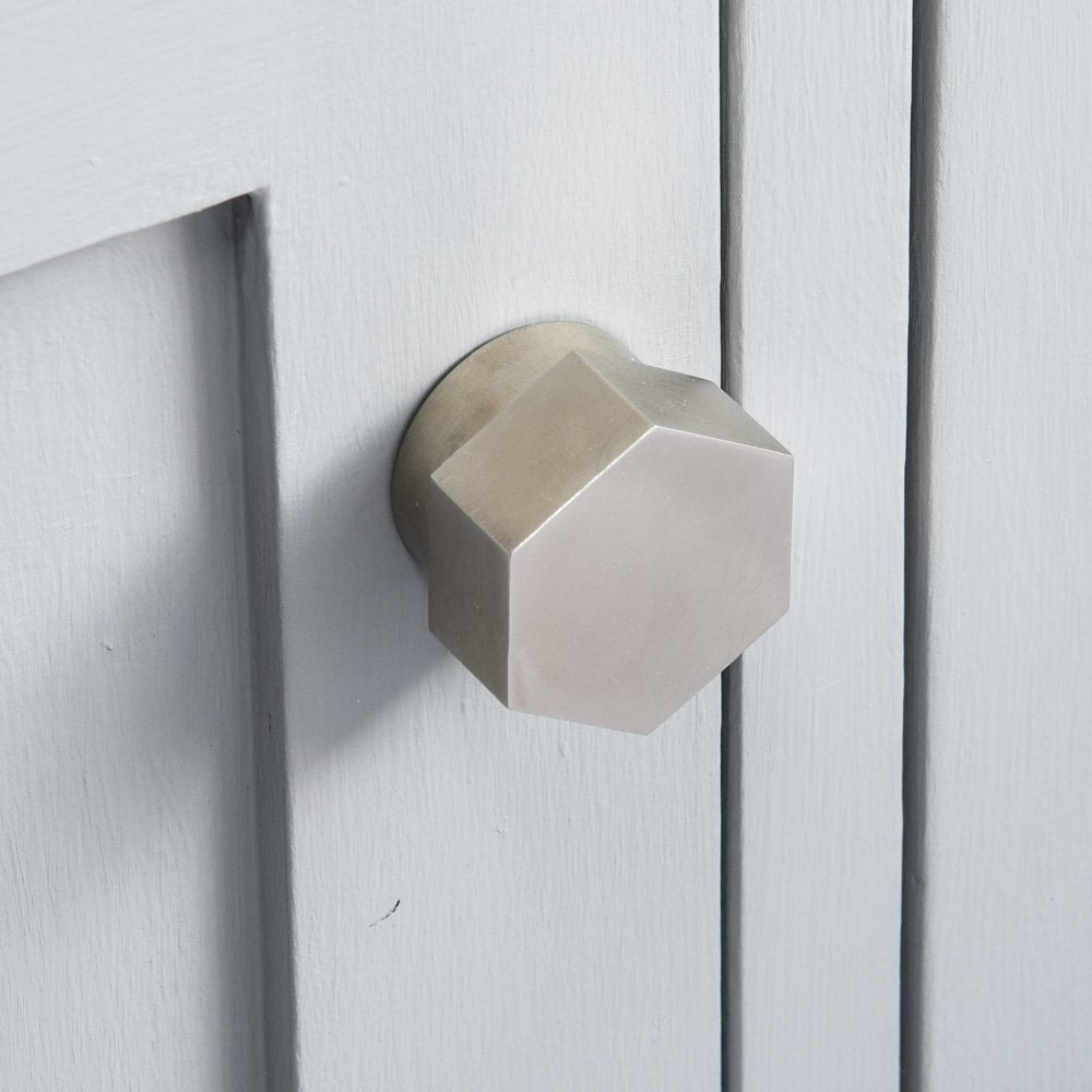 Solid brass Hex Cabinet Knob with satin nickel finish.