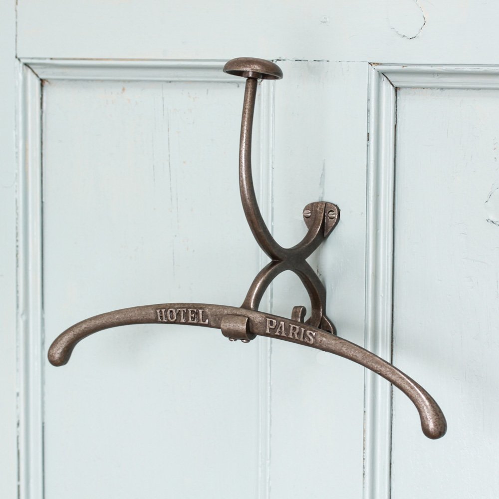 Cast Iron Wall Mounted Valet Hanger with 'HOTEL PARIS' Text