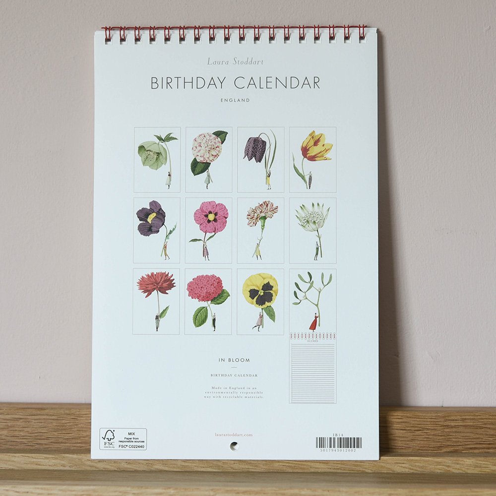 Laura Stoddart birthday calendar with 12 botanical illustrations, image of back