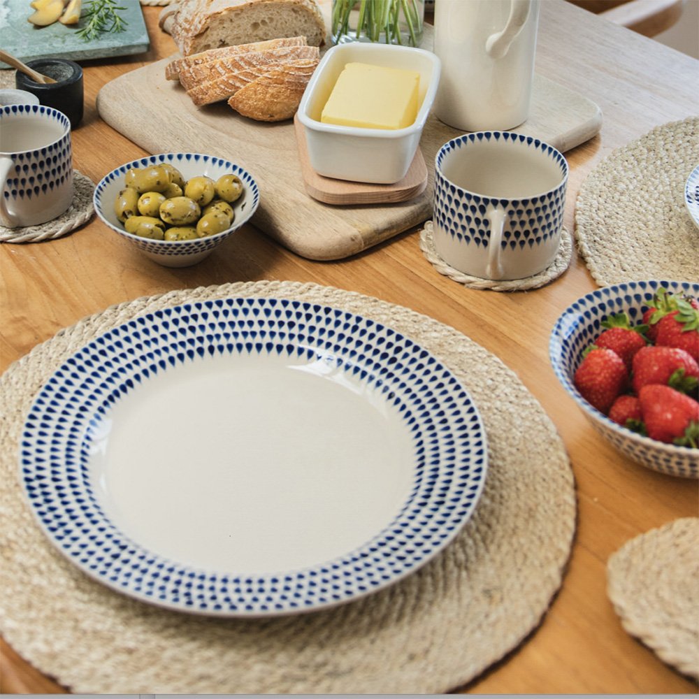 White & Blue Indigo Drop Design Ceramic Plate on Dining Table
