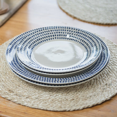 Four White & Blue Indigo Drop Design Ceramic Plates in Side and Dinner Sizes
