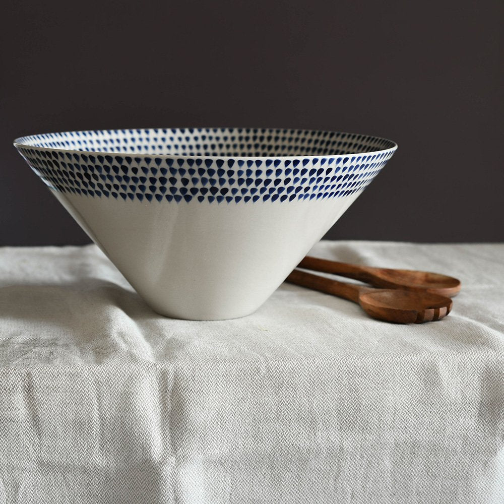 Indigo Drop Ceramic Serving Bowl on Table