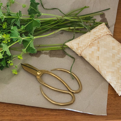 Brass scissors with large loop handles and woven pouch