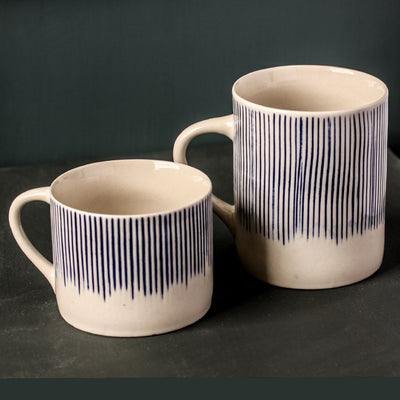 Two Karuma White & Blue Lined Ceramic Mugs in Short and Tall