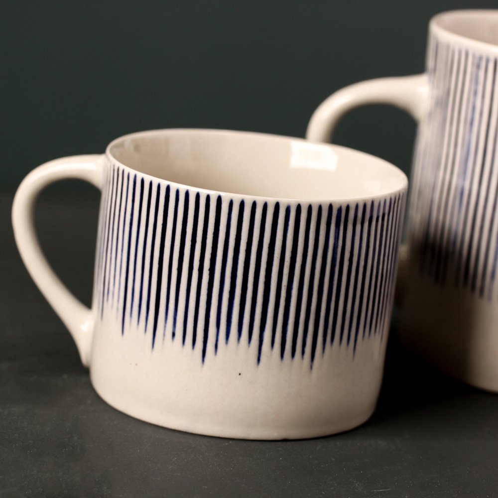Short Karuma White & Blue Lined Ceramic Mug
