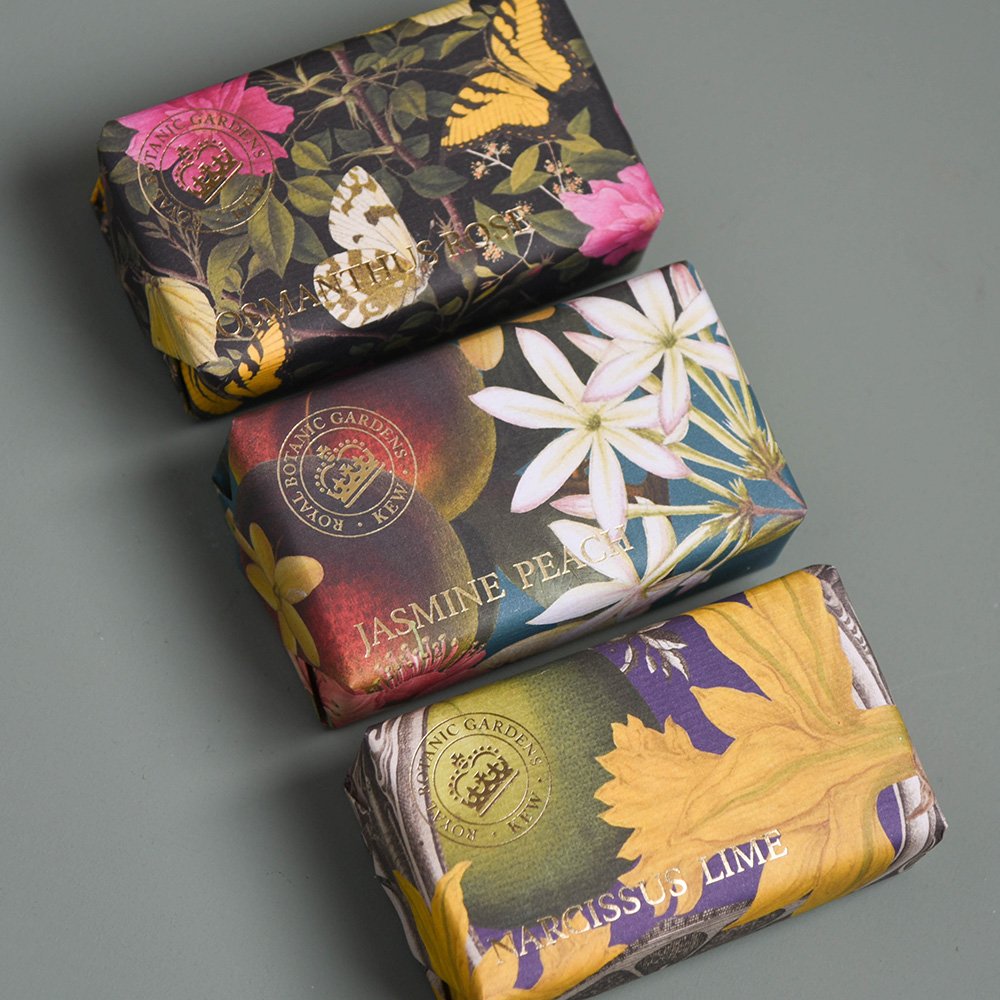 Kew Gardens Soaps in Osmanthus Rose, Jasmine Peach and Narcissus Lime
