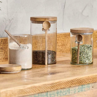 Small and Large Kossi Glass Storage Jars with Wooden Lid and Spoon