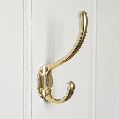 Solid polished brass Large Double Hat and Coat Hook.