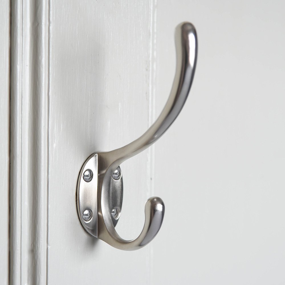 Solid brass Large Double Hat and Coat Hook with satin nickel plated finish.