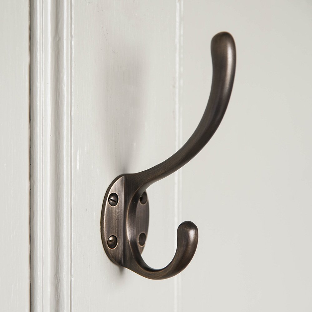 Solid brass Large Double Hat and Coat Hook in distressed antique finish.