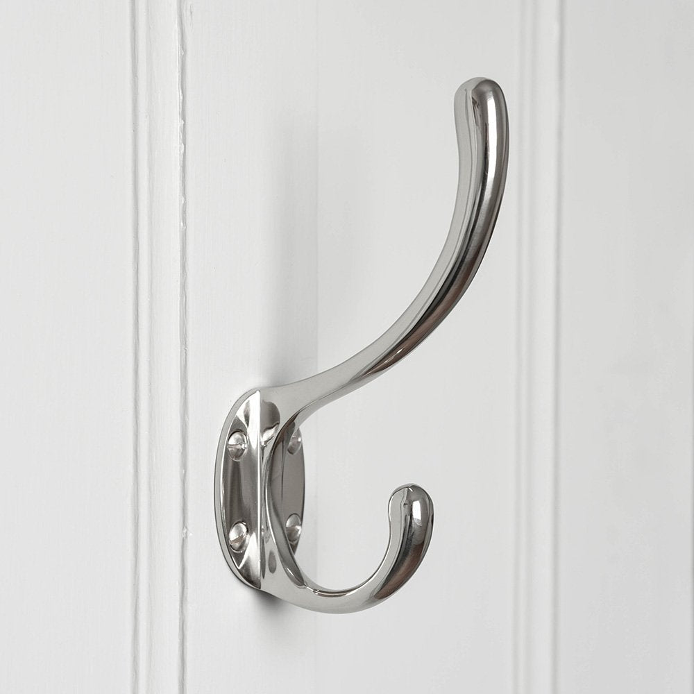 Solid brass Large Double Hat and Coat Hook with nickel plated finish.