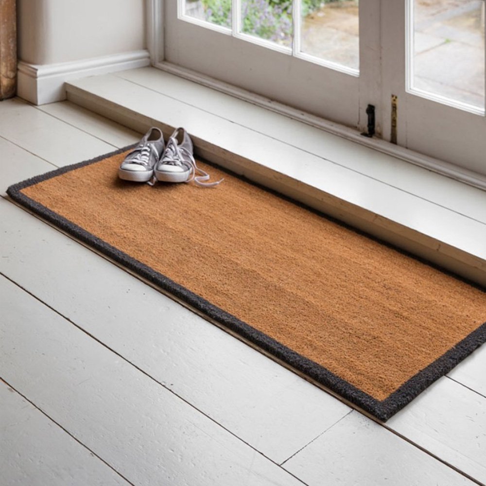 Large tan brown coir doormat with charcoal border