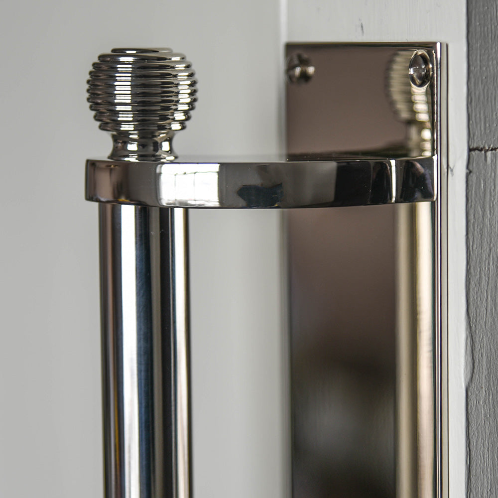 Close up of reeded detail on Trefussis Door Pull Handle in Polished Nickel.
