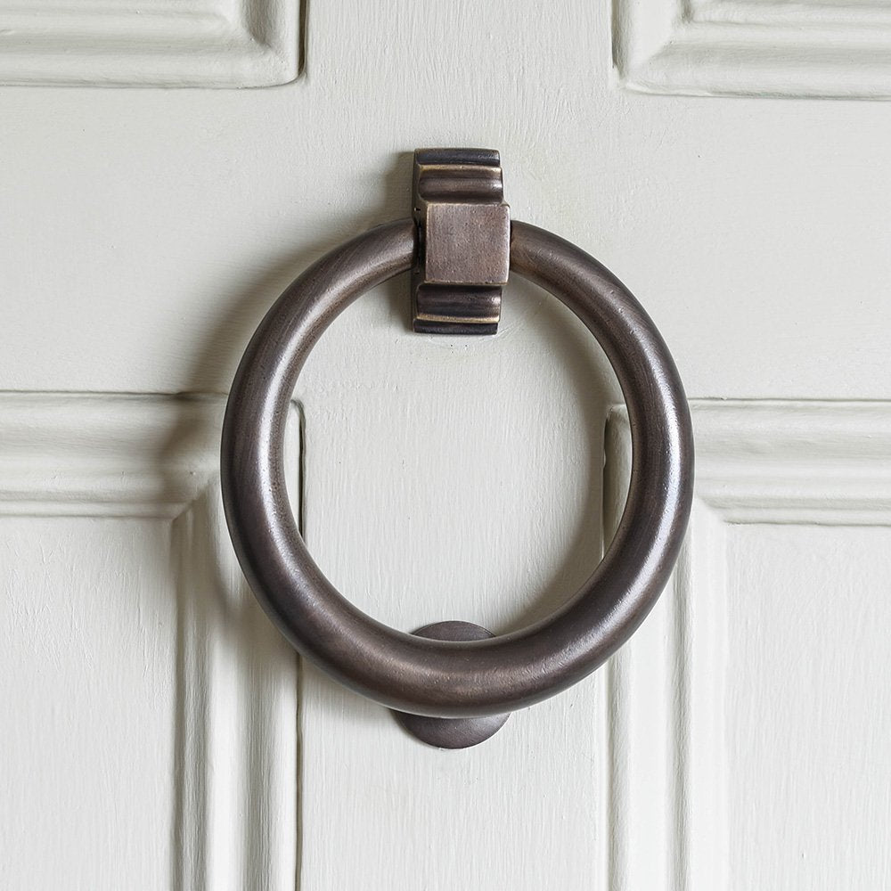 Solid brass Large Hoop Door Knocker with distressed antique finish.