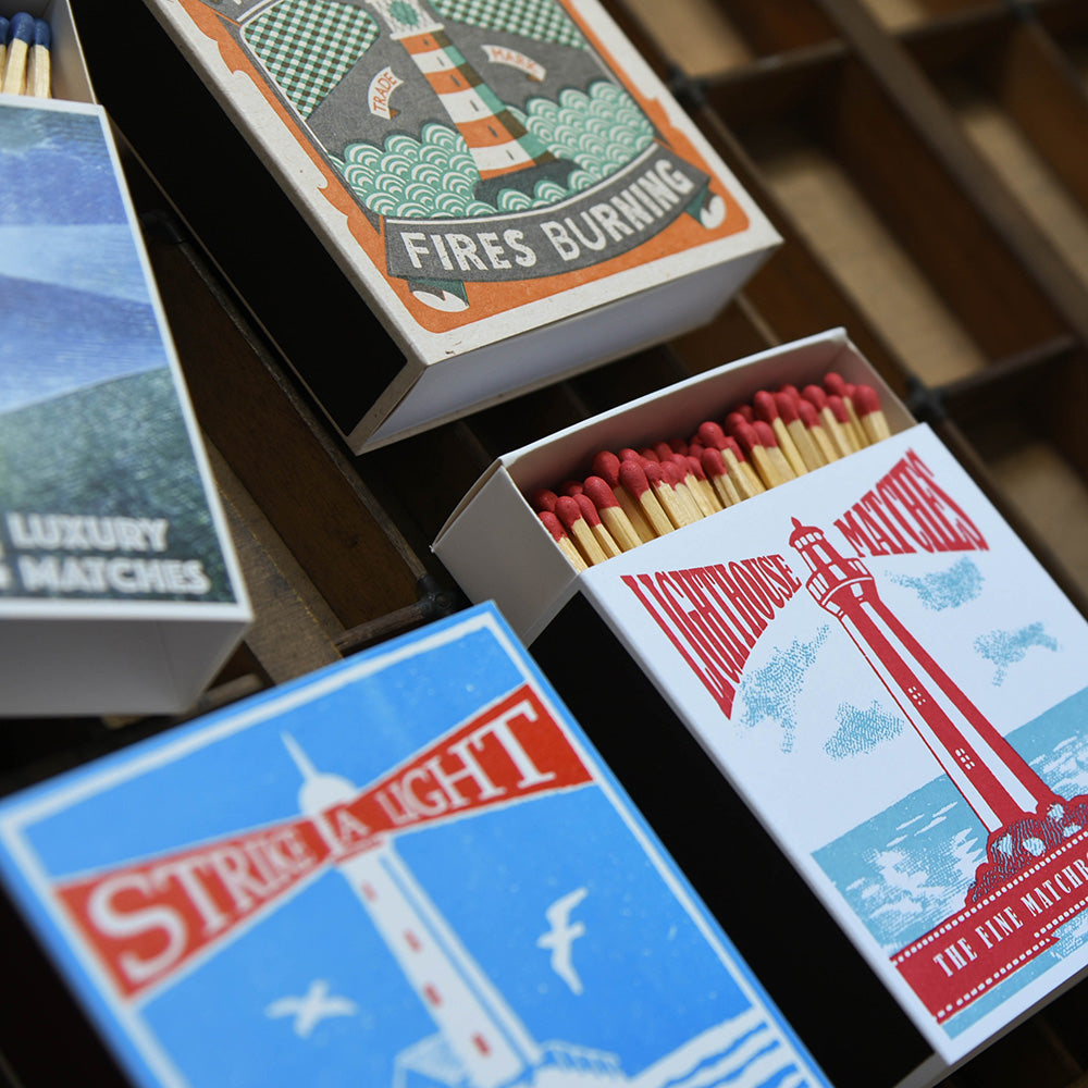 Detail of Four Boxes of Large Luxury Matches in Various Lighthouse Designs
