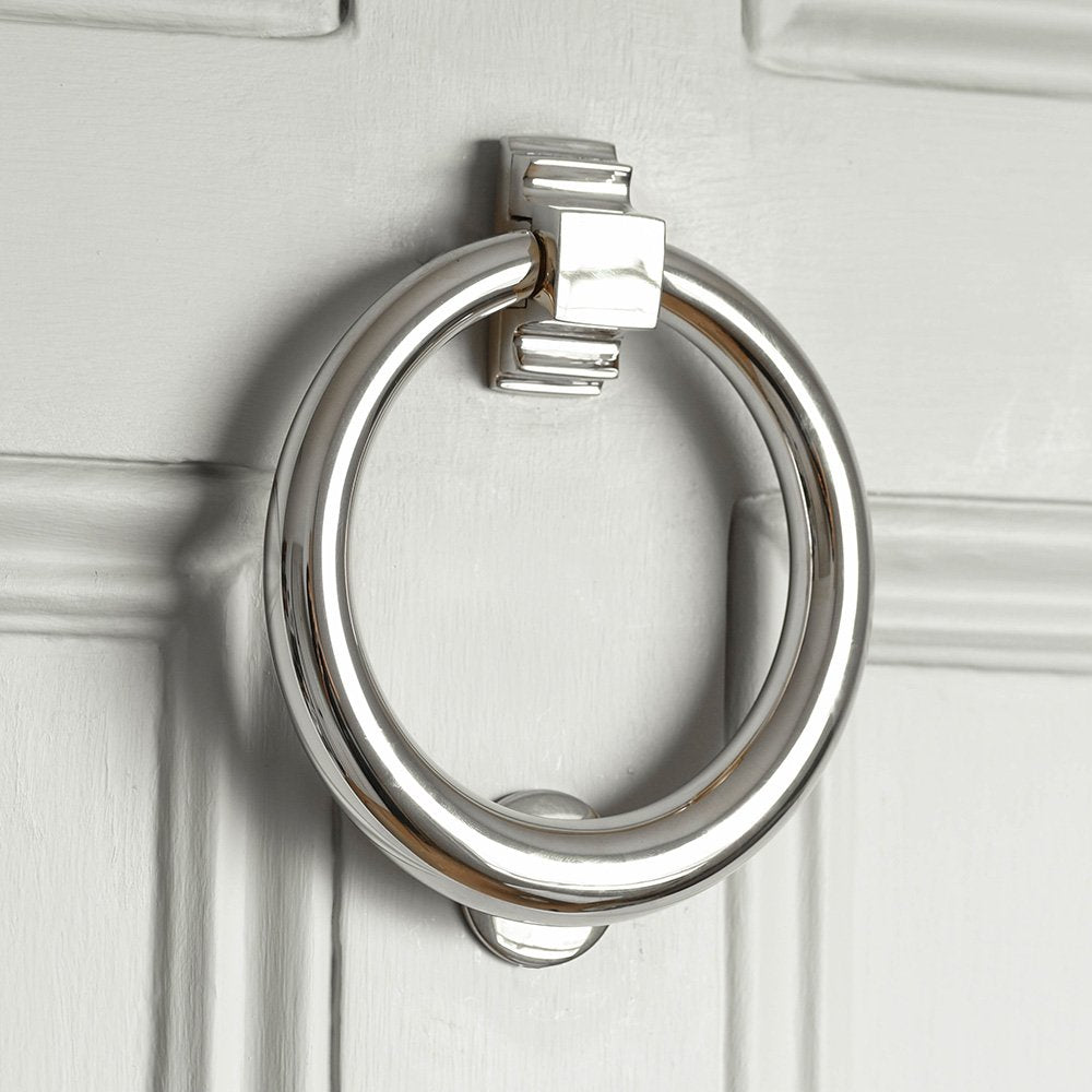 Solid brass Large Hoop Door Knocker plated with polished nickel.