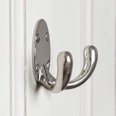 Side view of solid brass Large Double Wardrobe Hook with polished nickel plated finish.