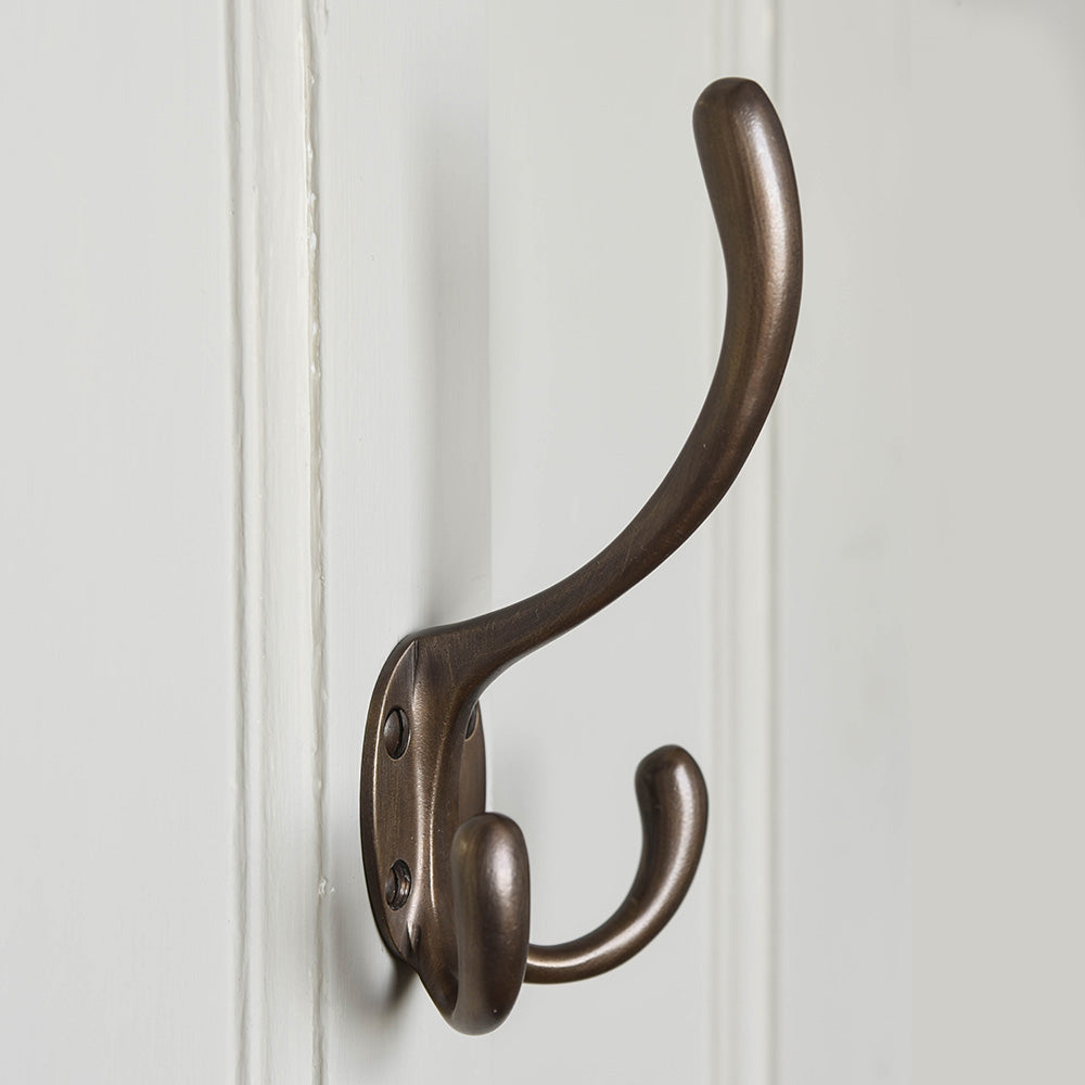 Large Triple Hat & Coat Hook in Distressed Antique Brass from Side