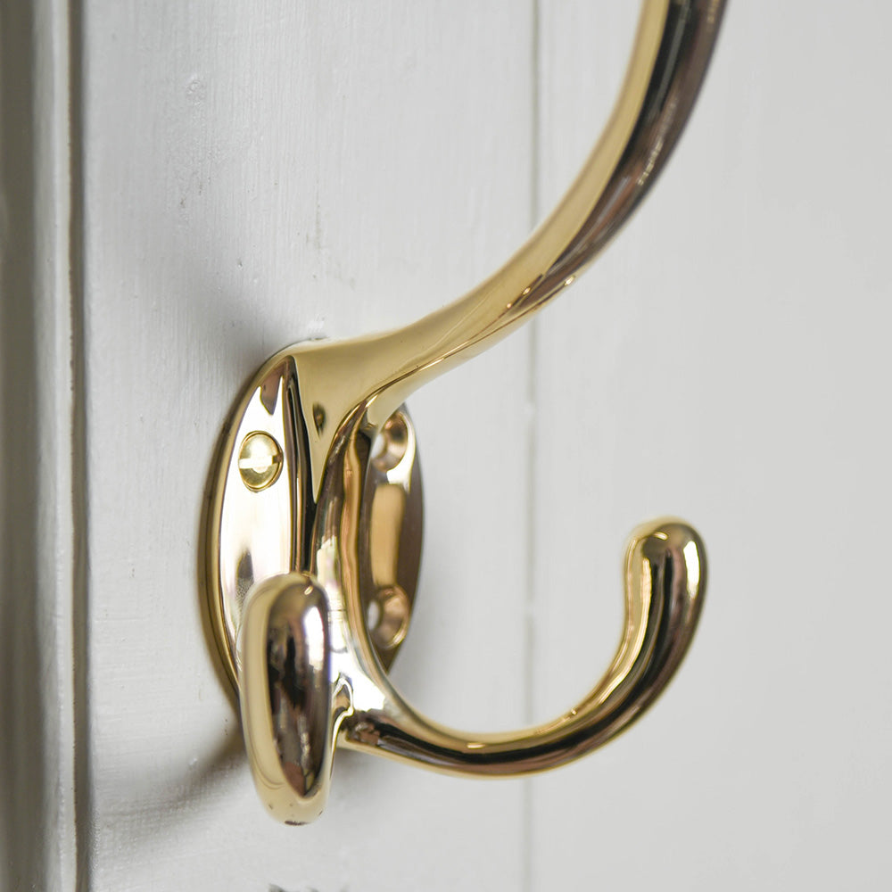Close Up Detail of Large Triple Hat & Coat Hook in Polished Brass