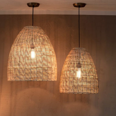 Two Large Wicker Pendant Lights Lit Up