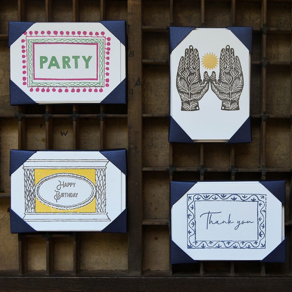 Four Mixed Design Letterpress Greetings Cards Packs, Featuring Birthday, Party, Thank You and Illustration Cards