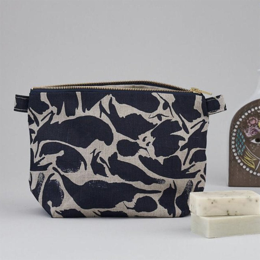 100% linen wash bag with zip in navy and white creatures design