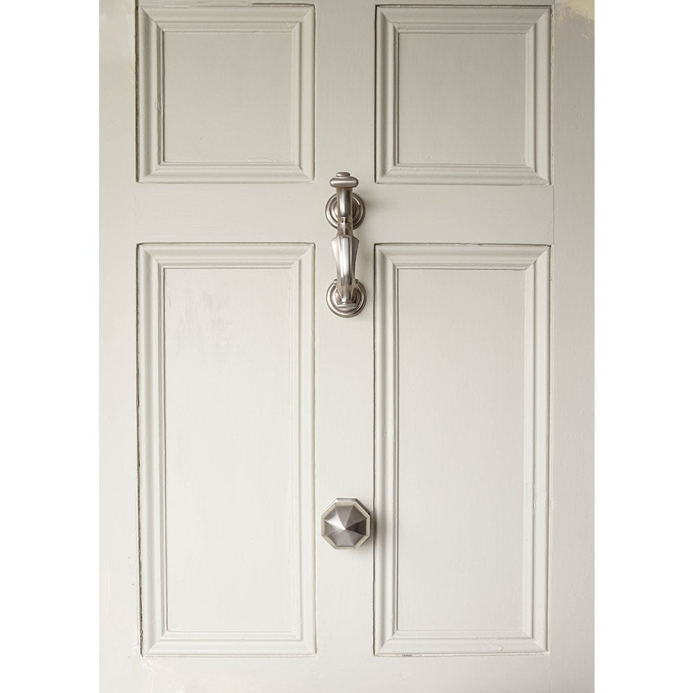 London Doctors Door Knocker and Pointed Octagonal Door Pull in Satin Nickel on Front Door