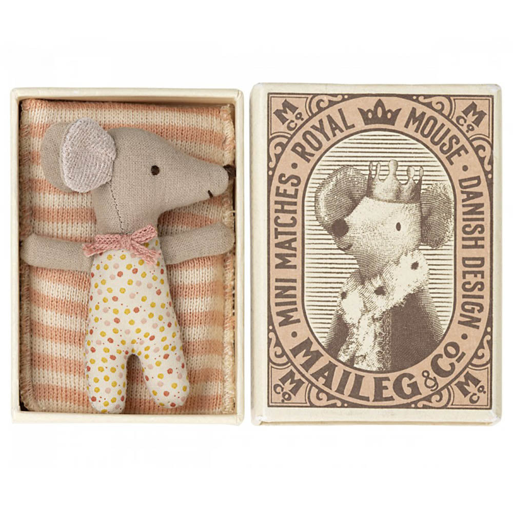 Maileg sleepy wakey girl mouse in matchbox with spotted pyjamas and stripey blanket