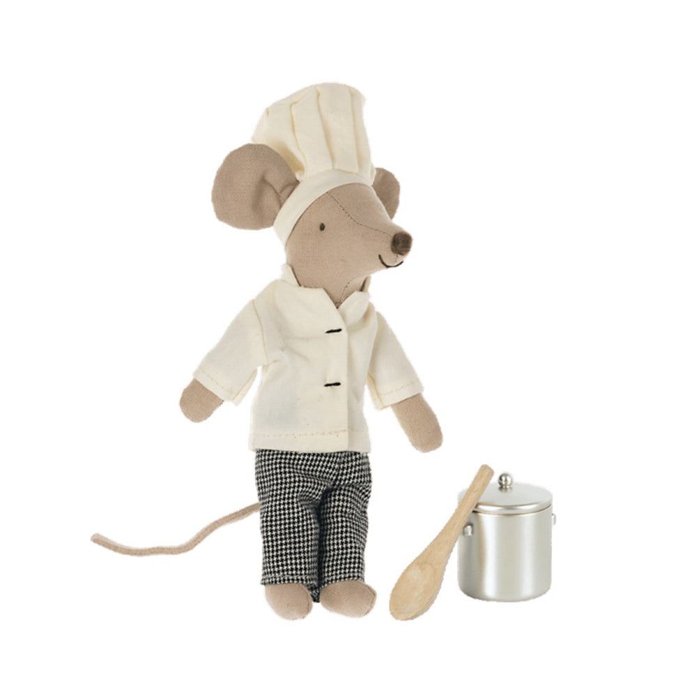 Maileg chef mouse in checked trousers white apron and chefs hat with saucepan and wooden spoon