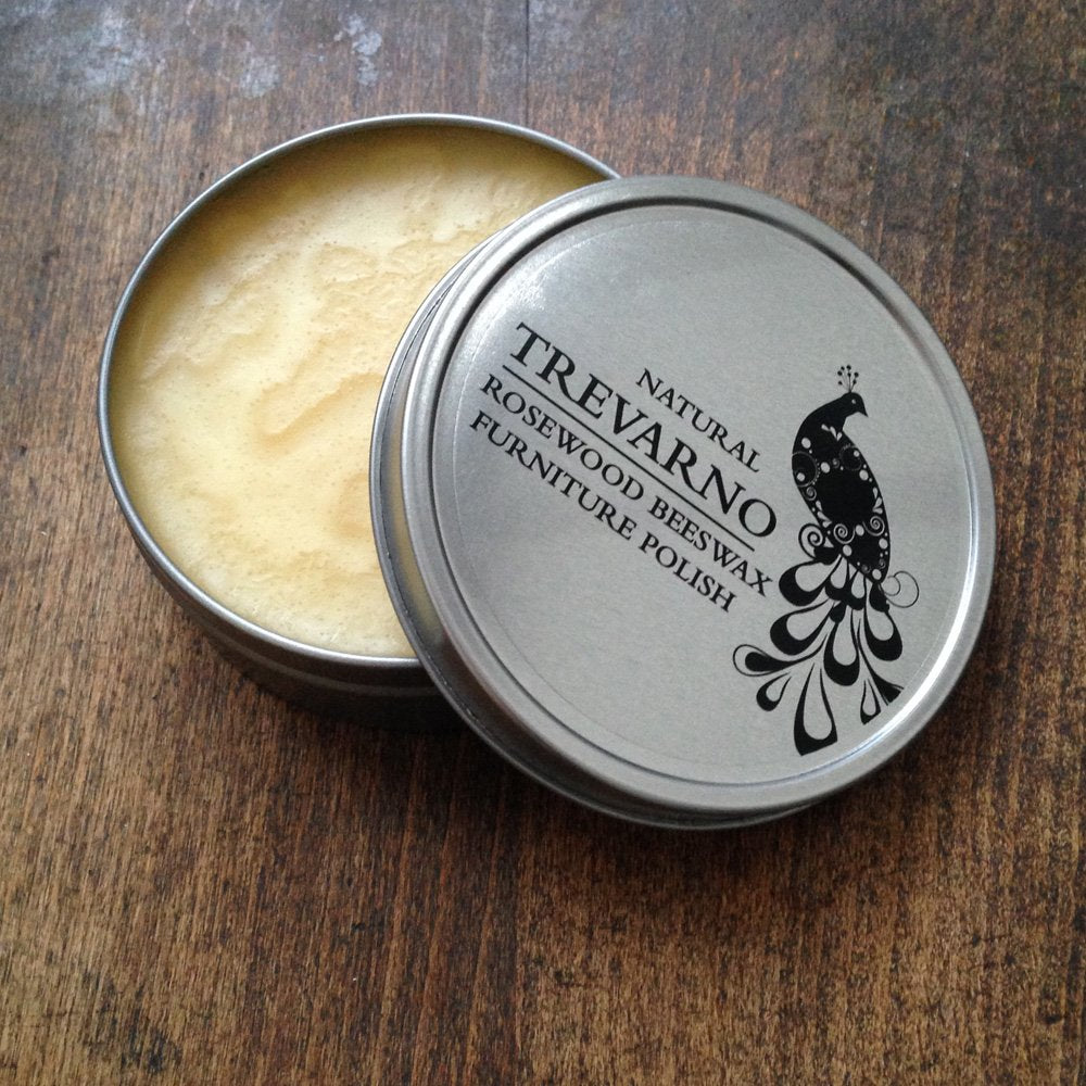 Tin of natural wood polish made with beeswax and rosewood