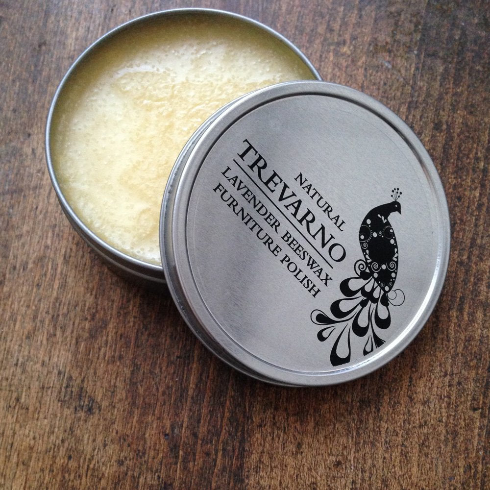 Tin of natural wood polish made from beeswax and lavender