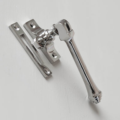 Alternate angle of Solid brass Fairmount Mortise Plate Casement Fastener in Polished Nickel plated finish.