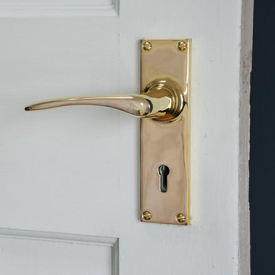 Oaken Lever Handles with Rectangular Backplate in Polished Brass