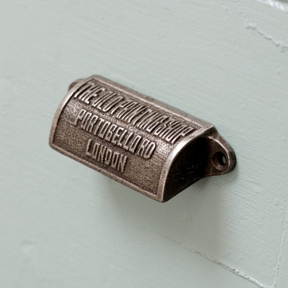 Cast Iron Drawer Pull Handle with 'THE OLD PRINTING SHOP' Text
