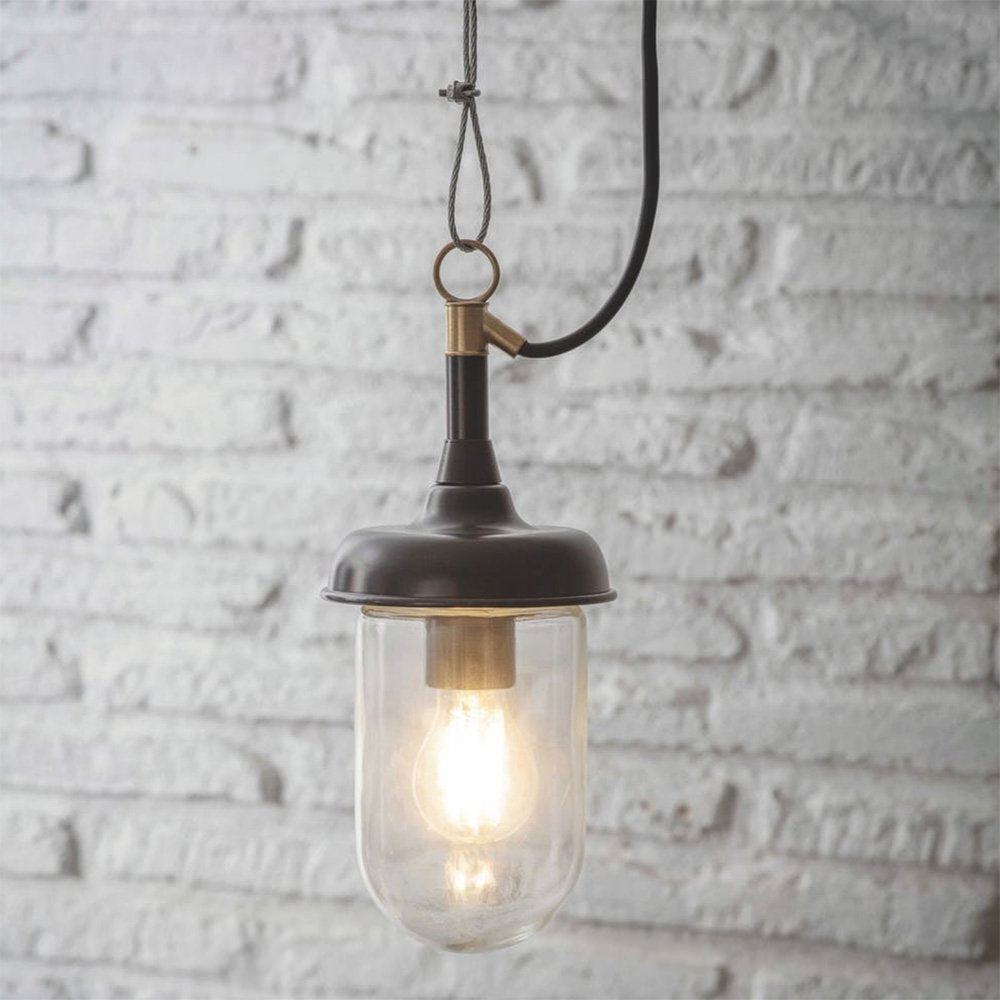 Maritime look carbon pendant light with black cable and clear glass shade