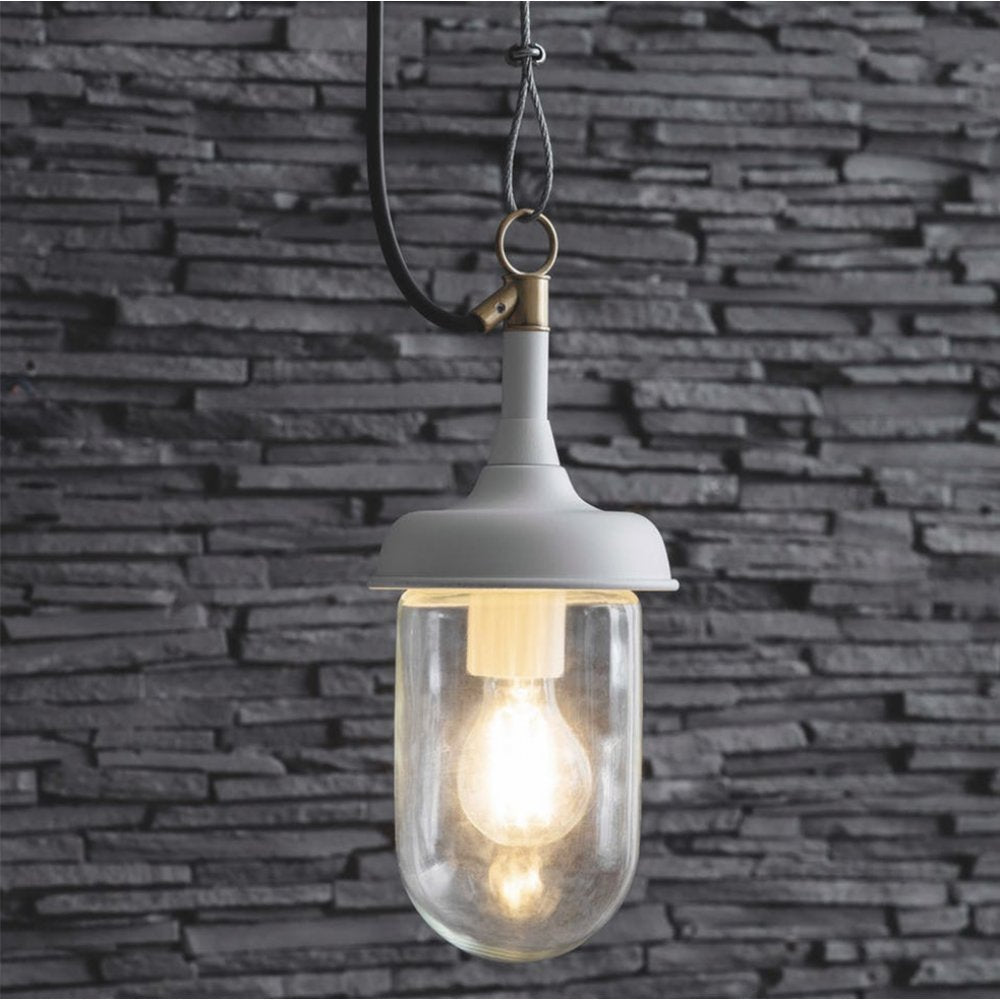 Maritime look white pendant light with black cable and clear glass shade
