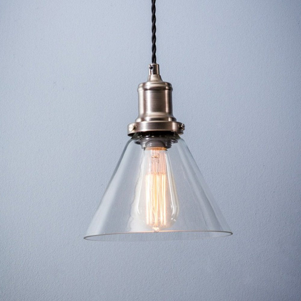 Cone shaped glass pendant light with satin nickel fittings and black cable
