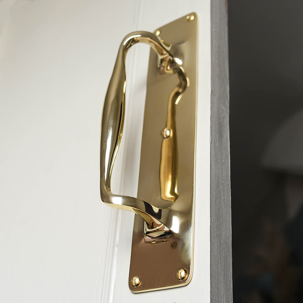 Large brass door pull handle with rectangular back plate