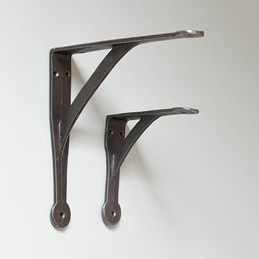 Two Mixed Size Penny Gallows Design Shelf Brackets in Cast Iron
