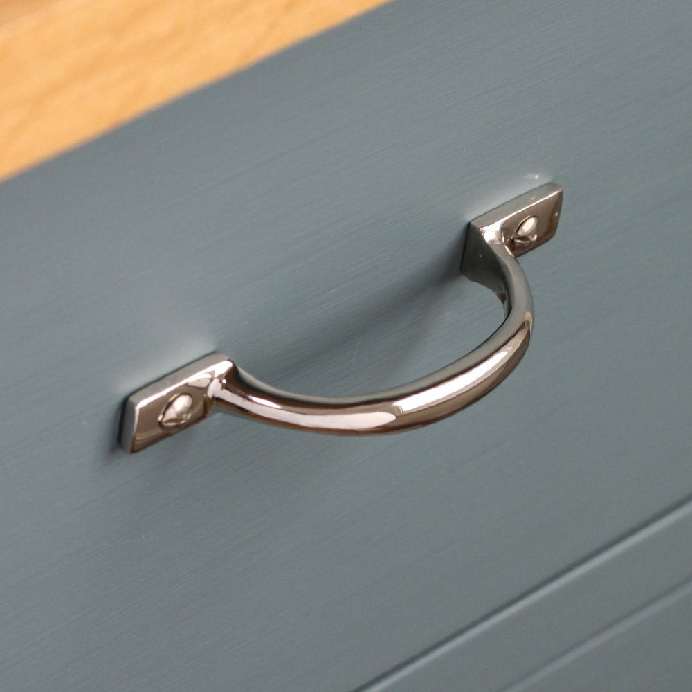 D' Shaped Pull Handle - Polished Nickel on blue grey colour drawer