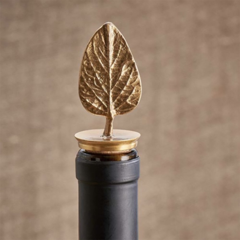 Poplar Leaf Shaped Wine Bottle Stopper in Antique Brass