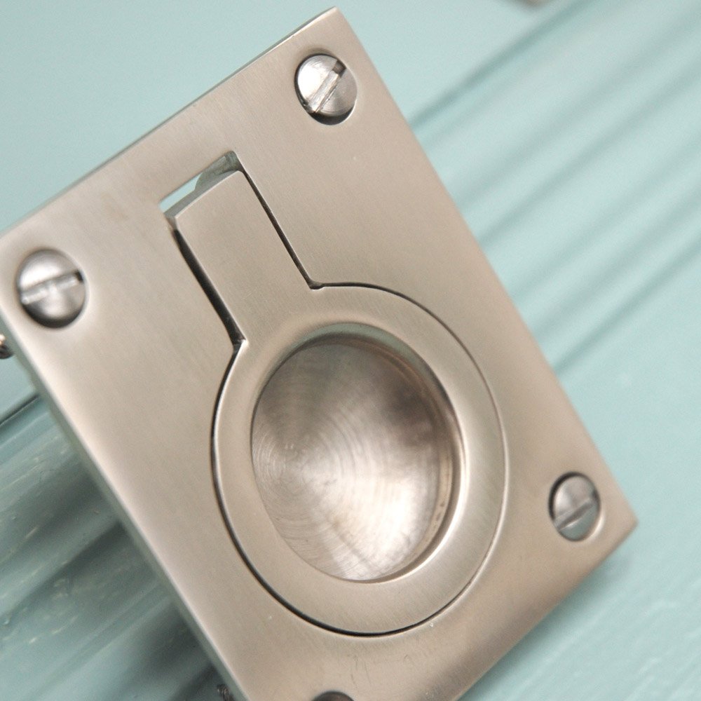 Solid brass Flush Fit Ring Pull in Satin Nickel plated finish.