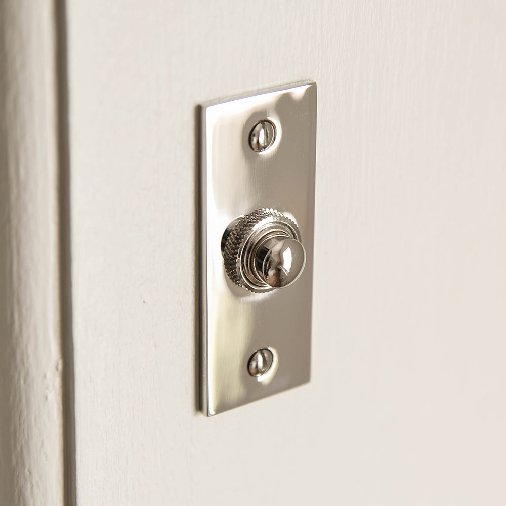 Close-up of solid brass Rectangular Bell Push plated in Polished Nickel finish.